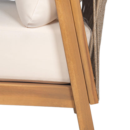 Outdoor Lounge Chair With Woven Backrest, Solid Wood Frame, Comfortable Cushions
