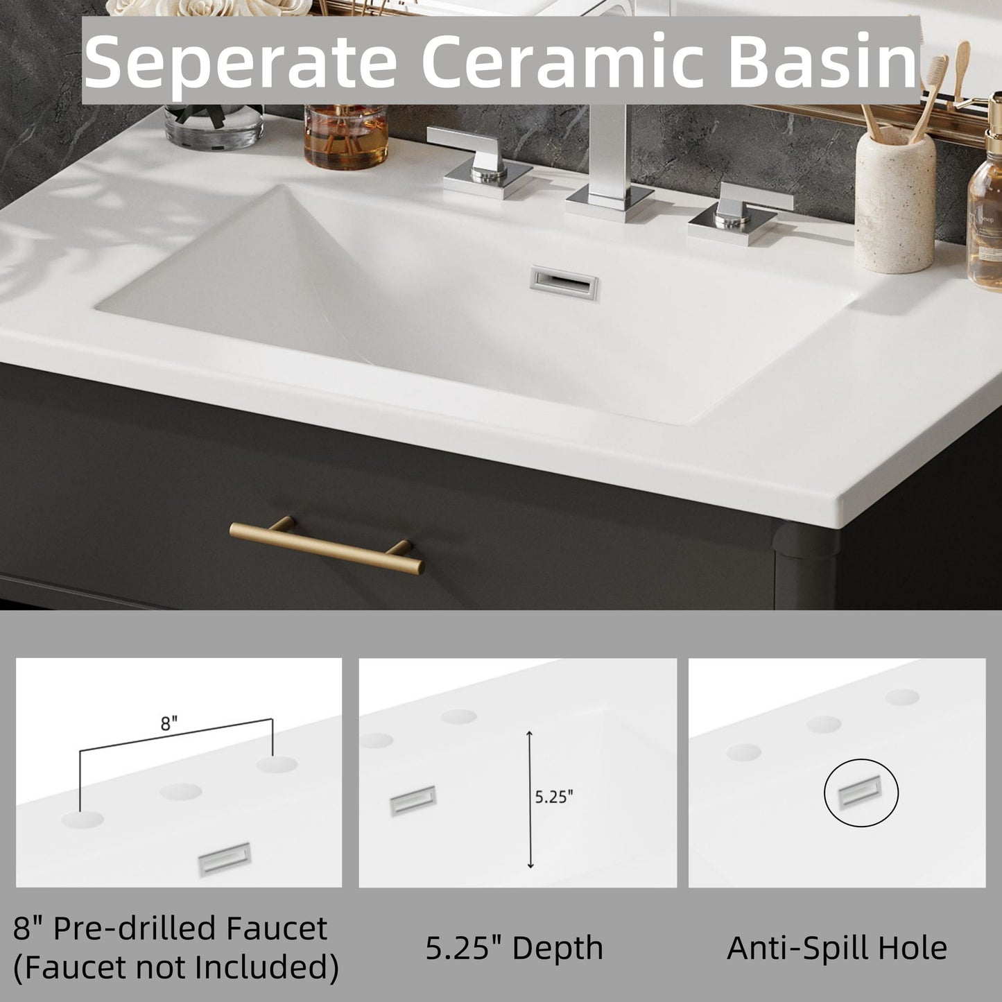 Bathroom Vanity With Sink, Soft Close Doors And Adjustable Shelf