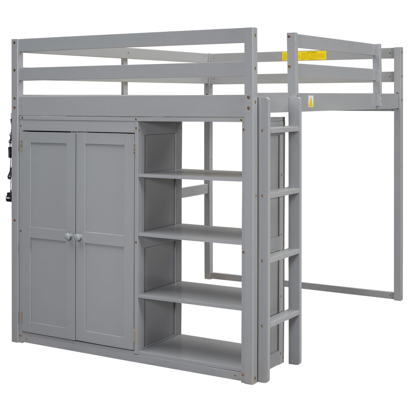 Loft Bed With Built In Wardrobe, Storage Shelves, And LED Light
