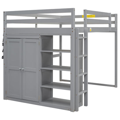 Loft Bed With Built In Wardrobe, Storage Shelves, And LED Light
