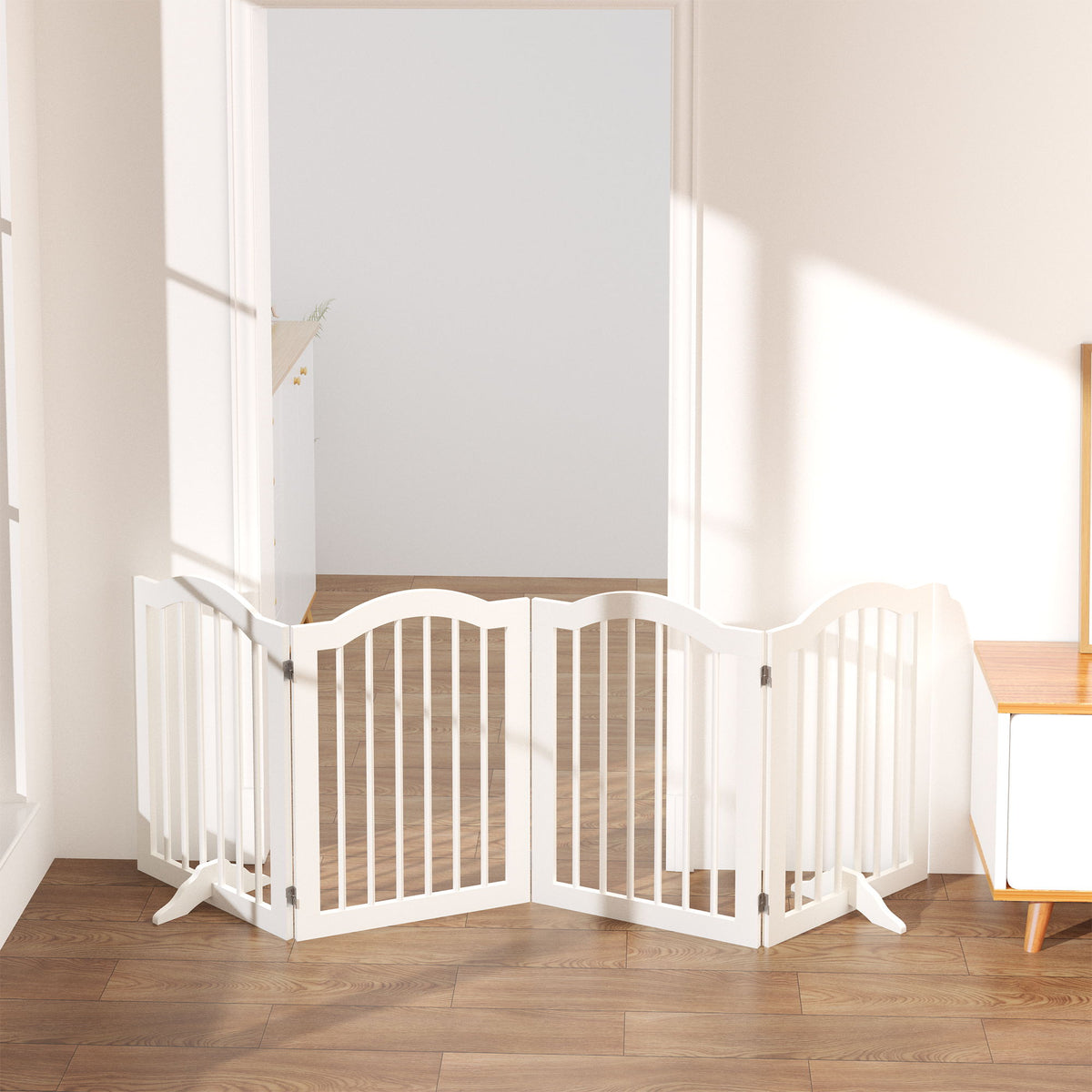 4 Panel Freestanding Pet Gate With Foldable Design And Support Feet - White