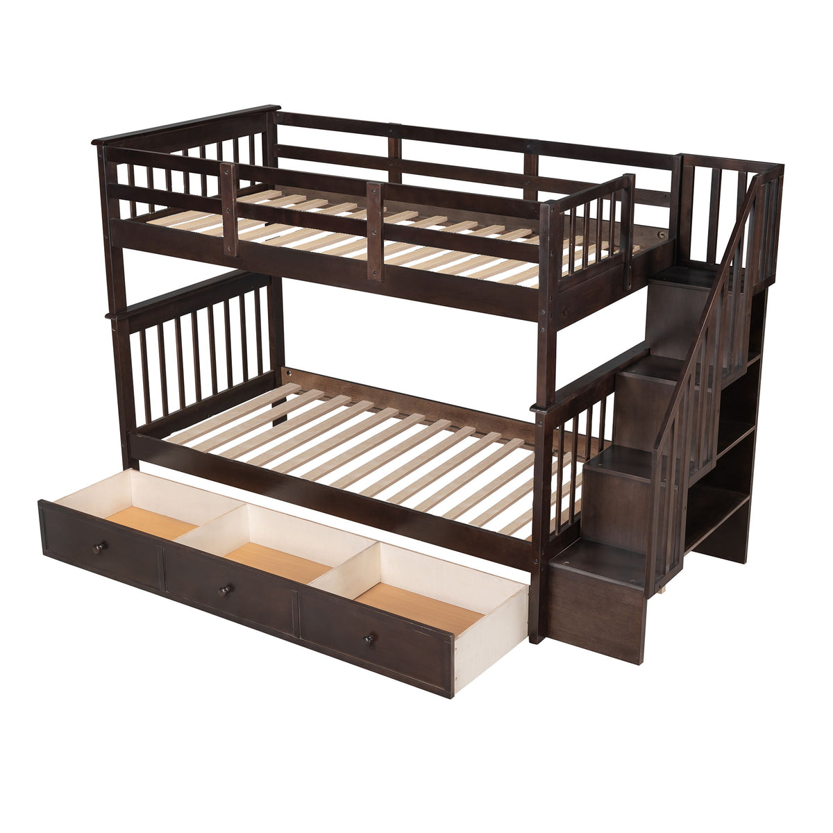 Stairway Bunk Bed With Storage And Guard Rail For Bedroom