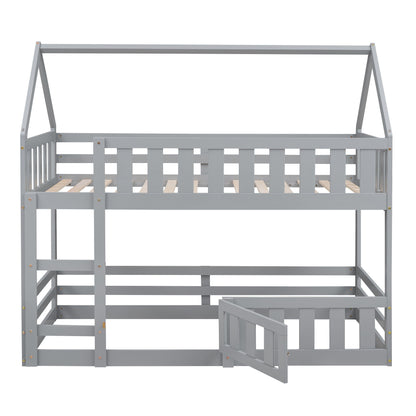 Twin Over Twin House Bunk Bed With Fence And Door