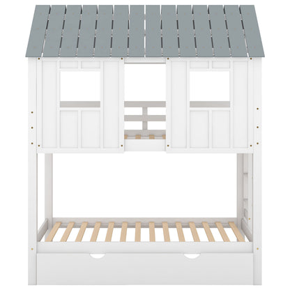 Twin Size House Bunk Bed With Trundle, Roof And Windows - White / Gray