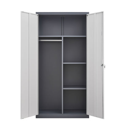 Wardrobe With Hanging Rod And Compartments, Lockable Closet With Locks & Keys For Bedroom - Gray