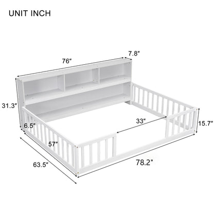 Floor Bed With Side Bookcase, Shelves, Guardrails