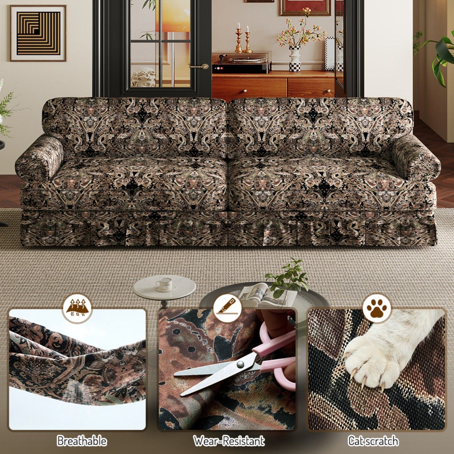 Luxuriously Comfortable Cloud Couch With Elegant Rolled Arms & Pleated Skirt Design
