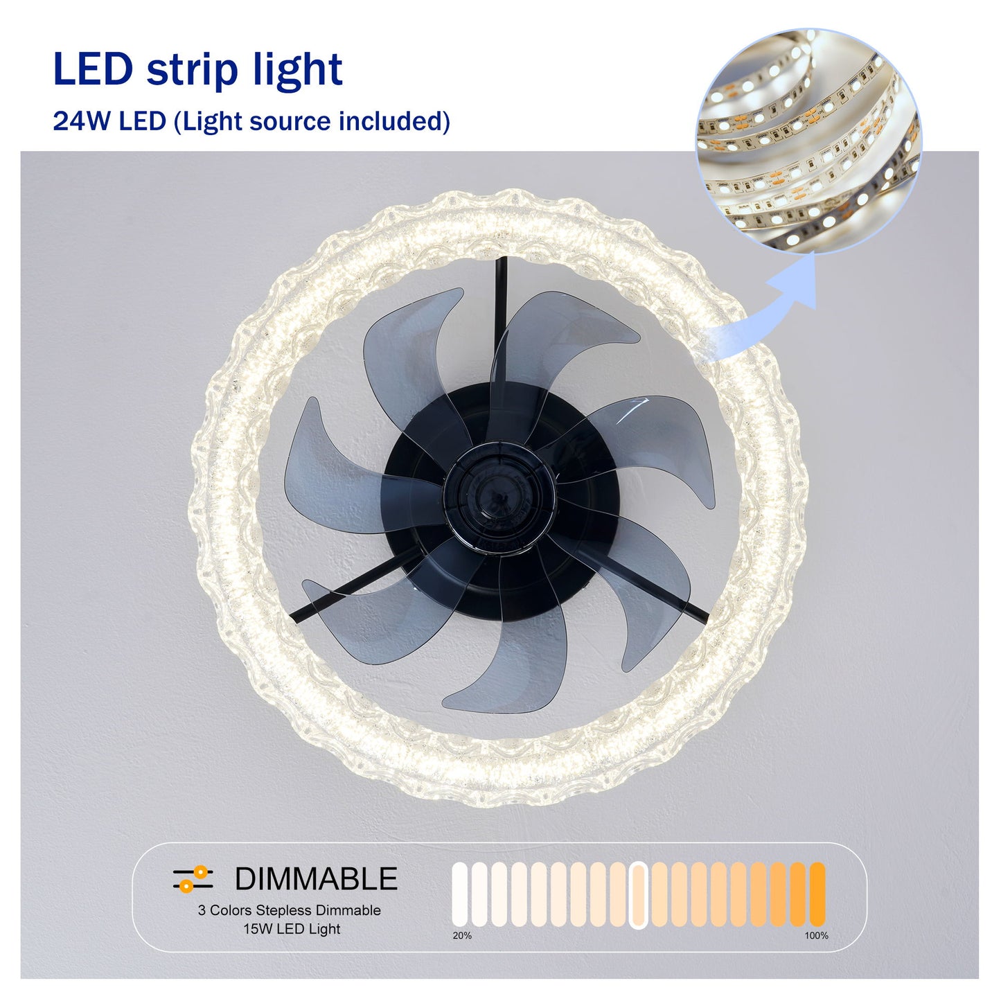 LED Light Source And Remote Control, 3000 - 6500K Dimmable Flush Mount LED Fan Light, 6 Speeds, Quiet DC Motor - Matte Black