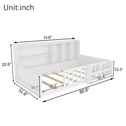 Platform Bed Frame With Guardrail, Storage Shelves & Bookshelf