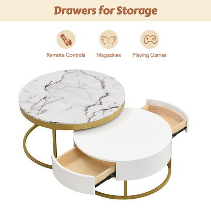 Round Nesting Coffee Table With Drawers - Golden / White