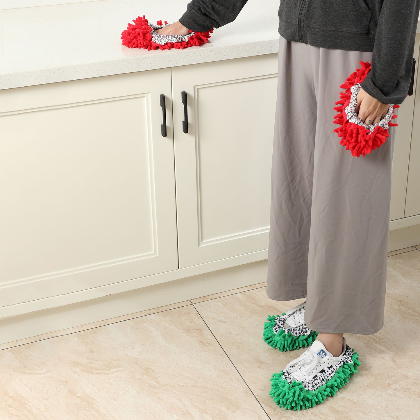 Microfiber Mop Slippers For Floor Cleaning, Machine Washable, 3 Pieces - Blue / Green / Red