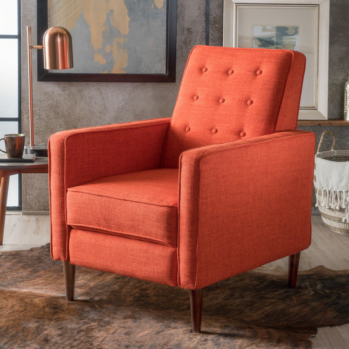Mid-Century Modern Recliner With Button Tufted Waffle Stitch