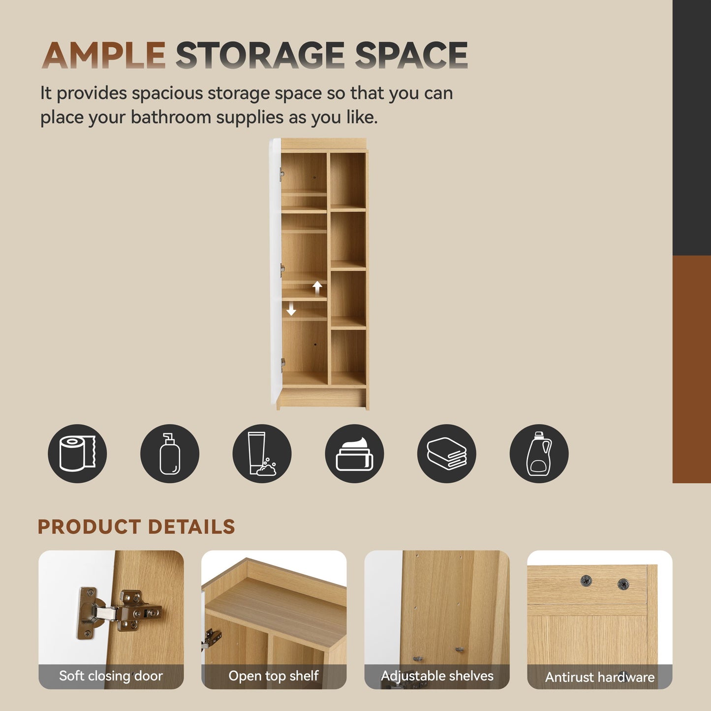 Tall Freestanding Bathroom Side Cabinet With Single Door & 4 Tier Open Shelves - Black / Light Oak / White