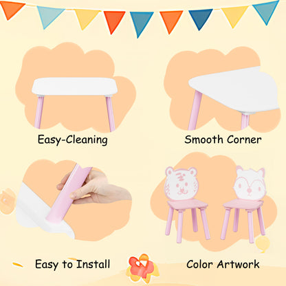 Table And Chair Set, 3 Piece Wooden Toddler Desk With Animal Backrest - Pink / White