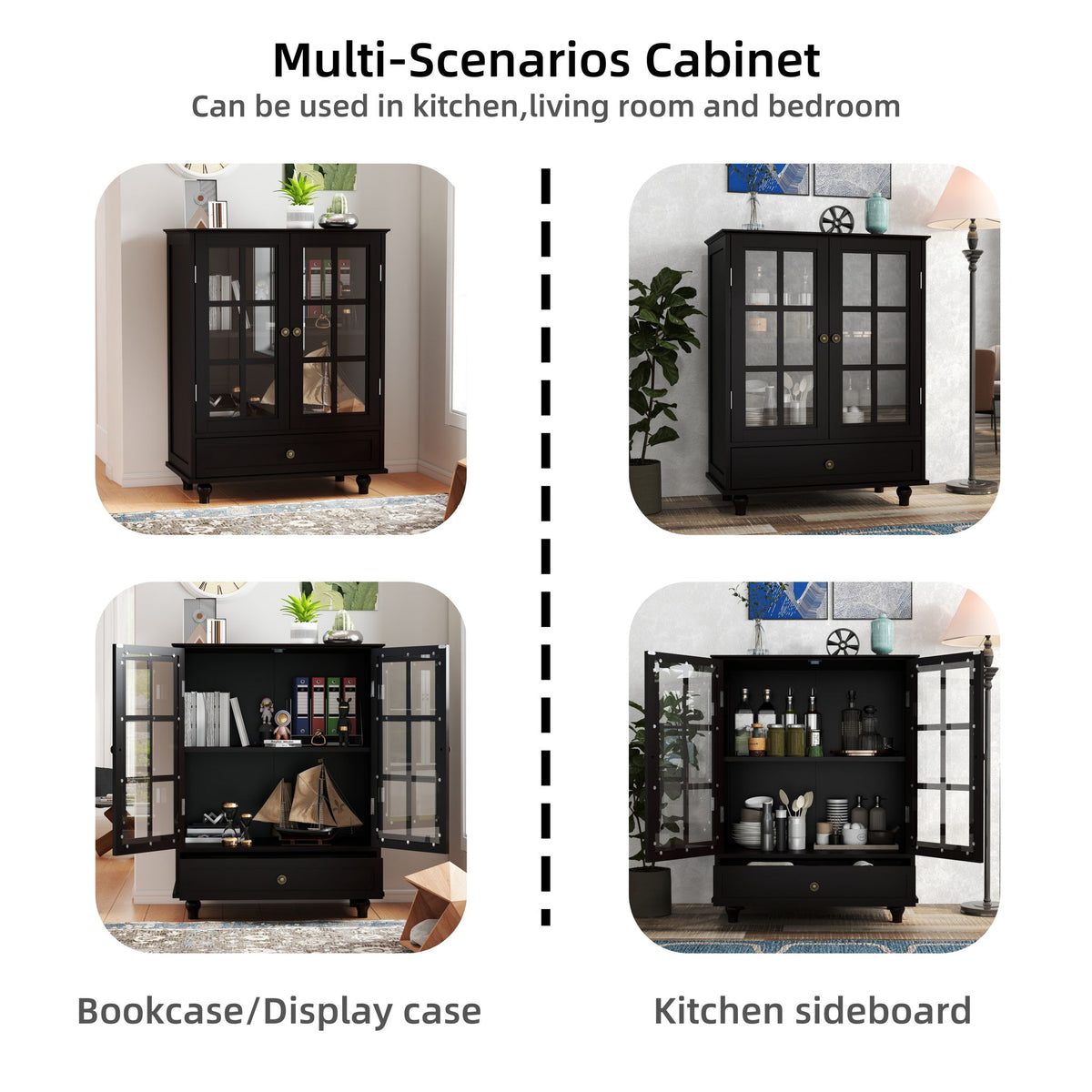 Minimalist Buffet Cabinet With Double Glass Doors And Drawer