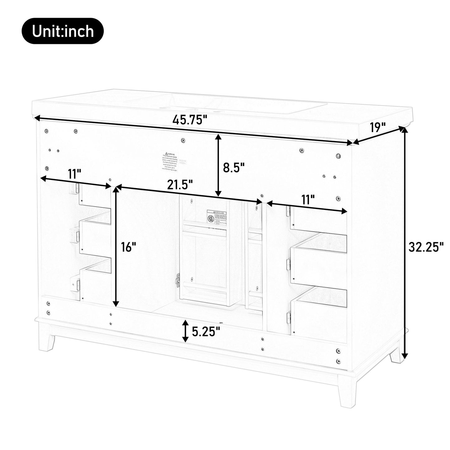 Bathroom Vanity & Sink, 6 Soft Close Drawers & Double Doors - White