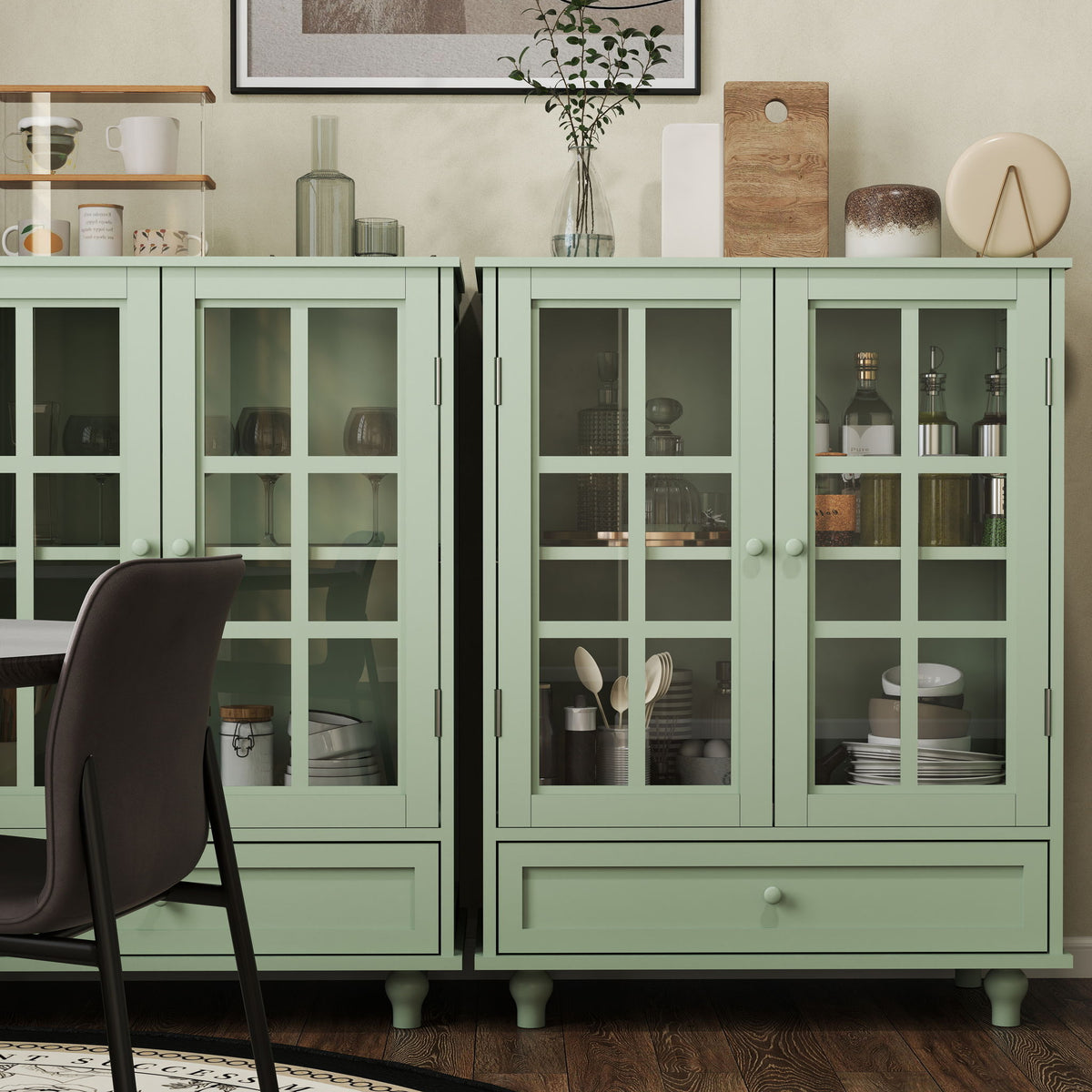 Minimalist Buffet Cabinet With Double Glass Doors And Drawer