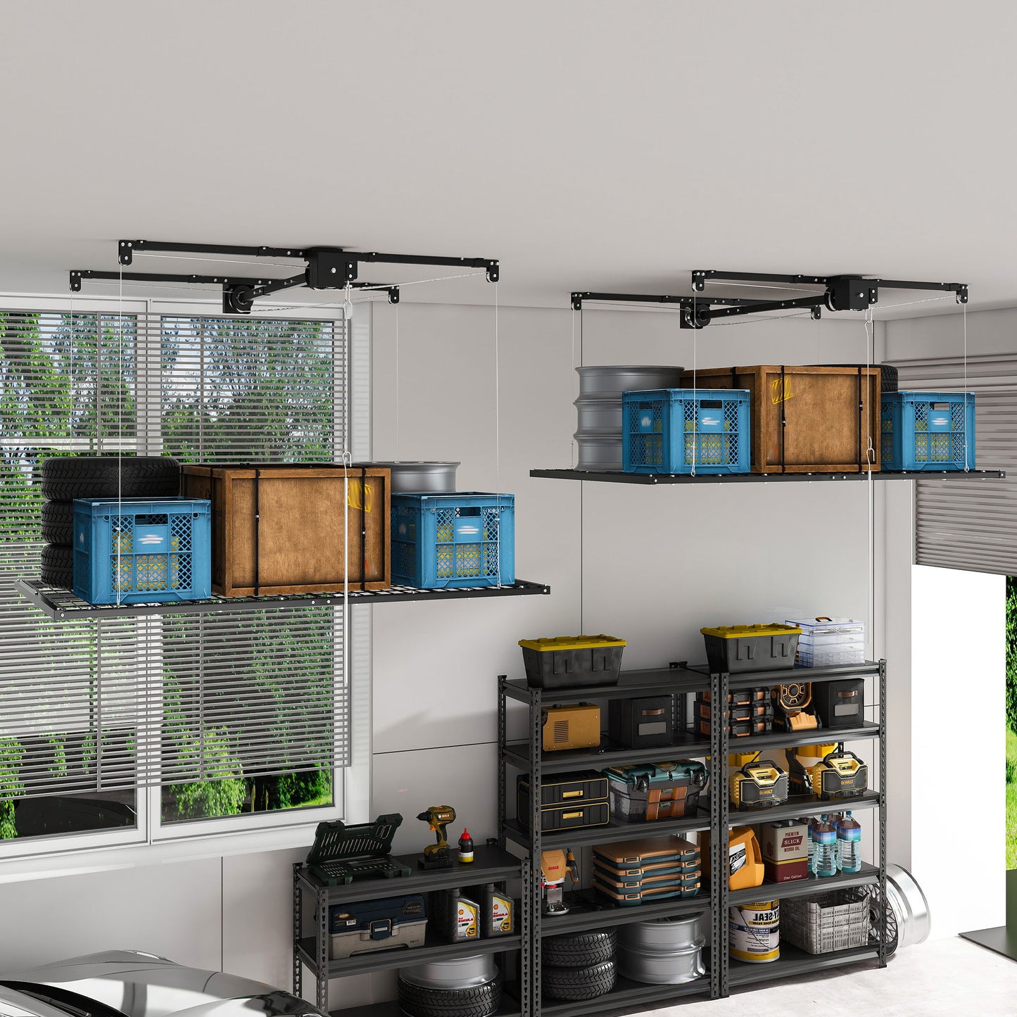 Overhead Garage Storage Rack For High Ceilings & Safety Lock - Black