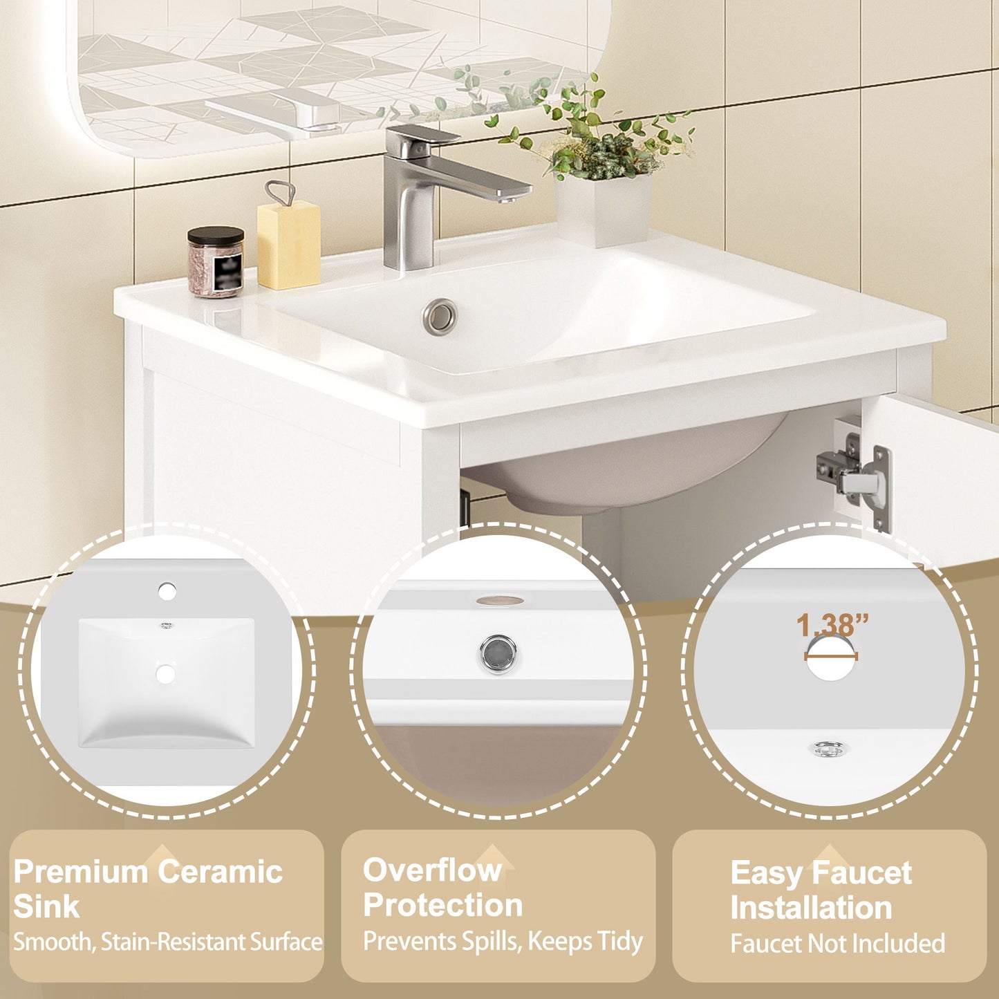 Bathroom Vanity With Ceramic Sink, Soft Close Drawers, Door Organizer, Divider Drawer, Adjustable Foot Pads