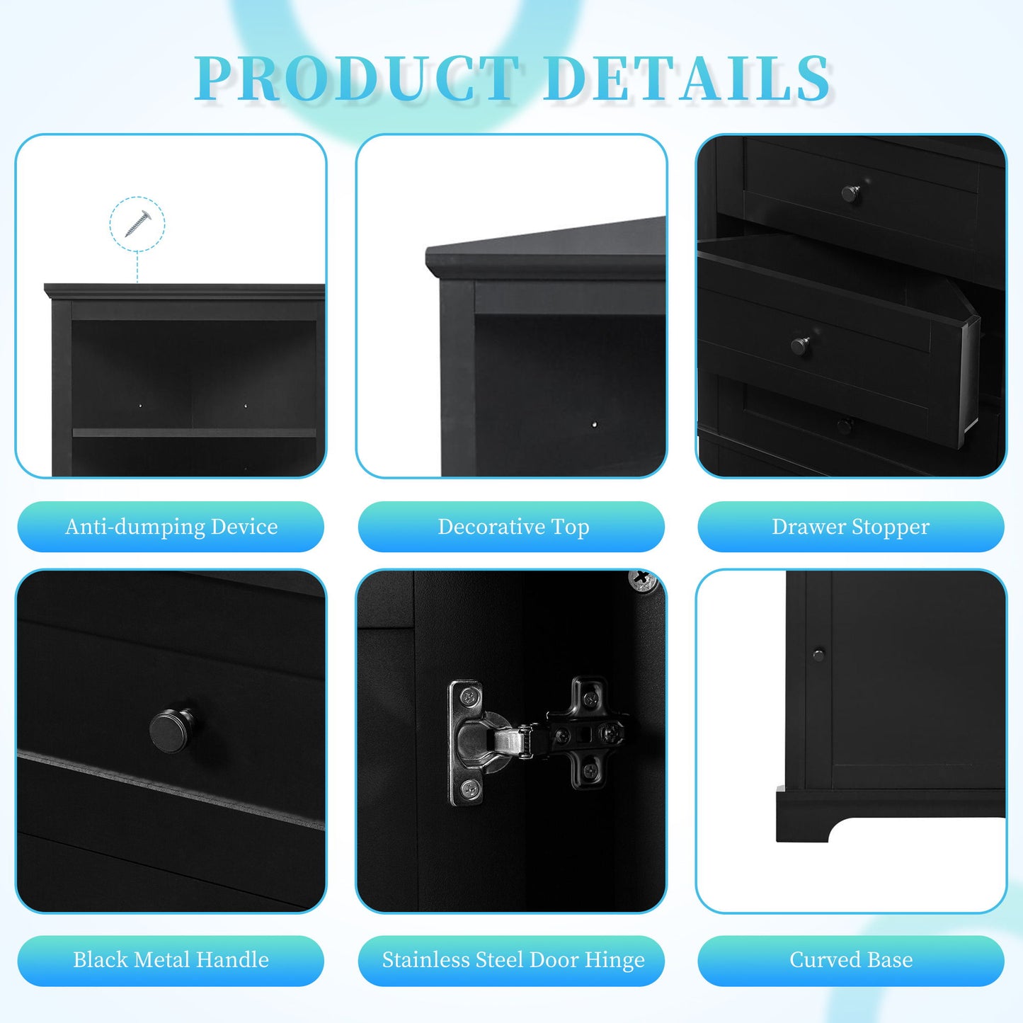 Tall Storage Cabinet With 3 Drawers And Adjustable Shelves For Bathroom