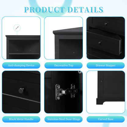 Tall Storage Cabinet With 3 Drawers And Adjustable Shelves For Bathroom