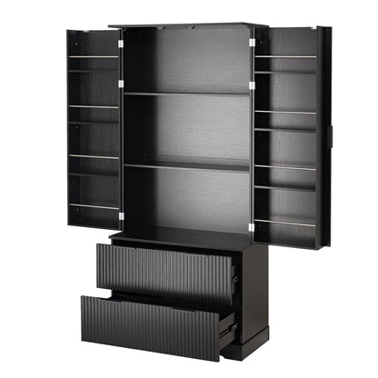 Fluted Kitchen Pantry Cabinet With 2 Large Drawers & 8 Door Spice Rack Freestanding Storage Organizer - Black