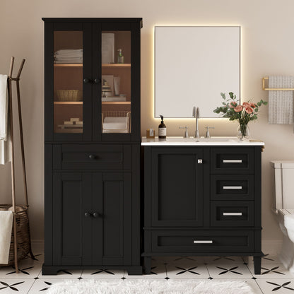 Bathroom Vanity & Tall Storage Cabinet Set With Doors, Adjustable Shelves, Soft Close Hinges, Sink
