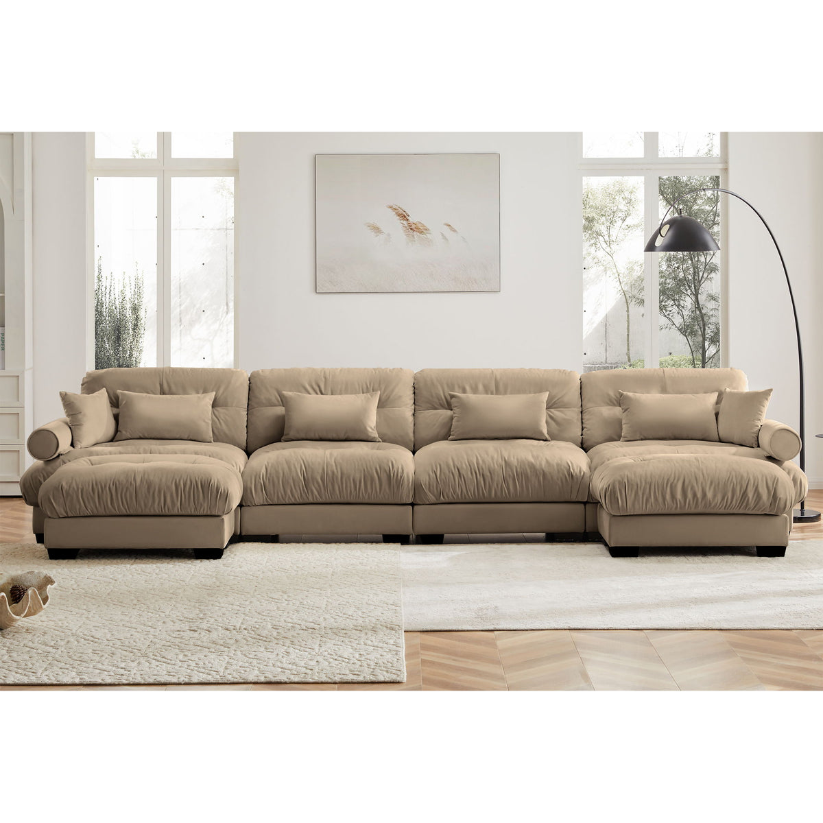 Modern Sectional Sofa With Ottoman, Round Bolster Armrests, Waist And Throw Pillows