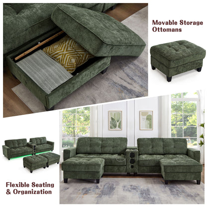 Modern Sectional Sofa U-Shaped With Movable Ottomans, tooth Speakers, LED Lights And Modular Storage