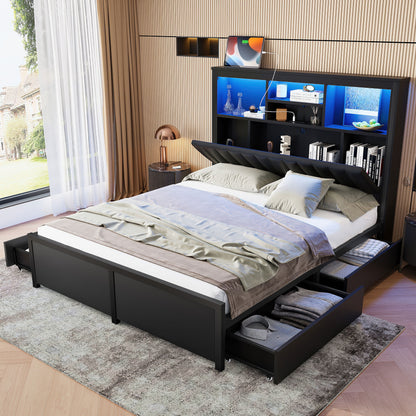Bed Frame With High Storage Headboard, LED Light And Charging Station, 4 Storage Drawers