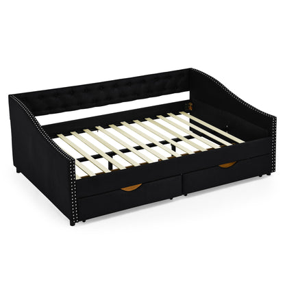 Upholstered Tufted Daybed With 2 Drawers, Waved Arms