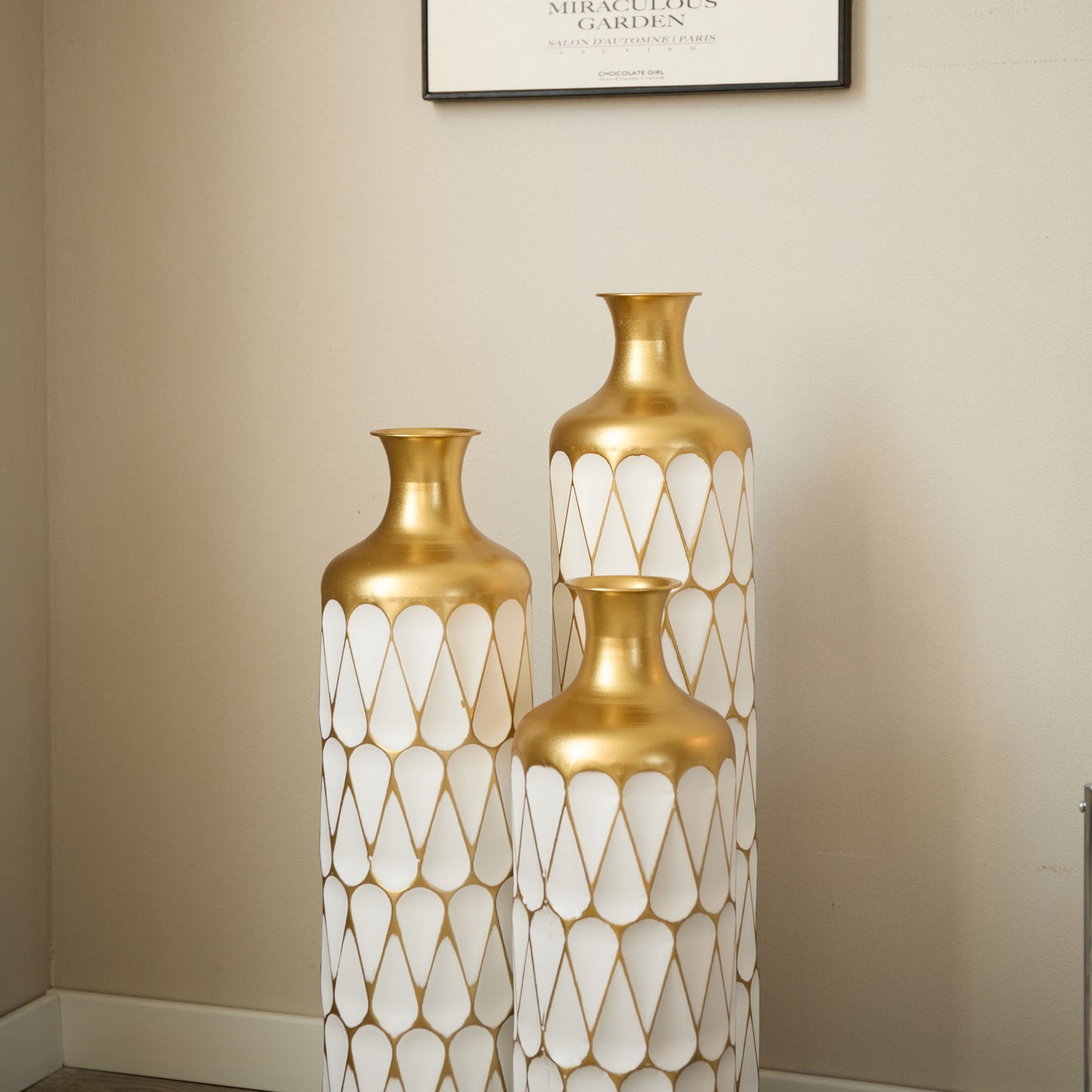 Floor Metal Vase Modern Style Decoration Home Droplet Shaped Metal Vase 3 Piece Set Gorgeous Home Decoration Large Glazed Metal Vase - Gold / White