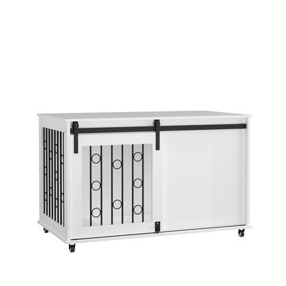 Dog Crate With Sliding Barn Door And Side Access, Lockable Wheels For Small To Medium Dogs - White