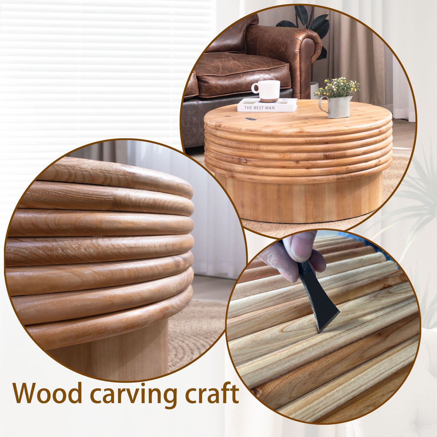Round Wooden Coffee Table With Hidden Storage, Modern Rustic Centerpiece For Living Room - Multi / Natural / Rustic