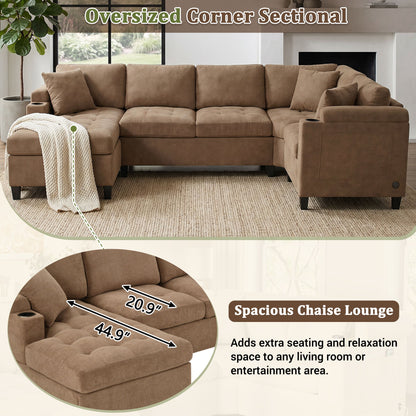 U Shaped Sectional Sofa, Corner Living Room Couch With Built In Cup Holders, Storage, USB Ports