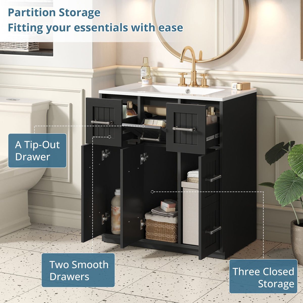 Bathroom Vanity With Undermount Sink, Soft-Close Doors, Drawers, Ceramic Sink
