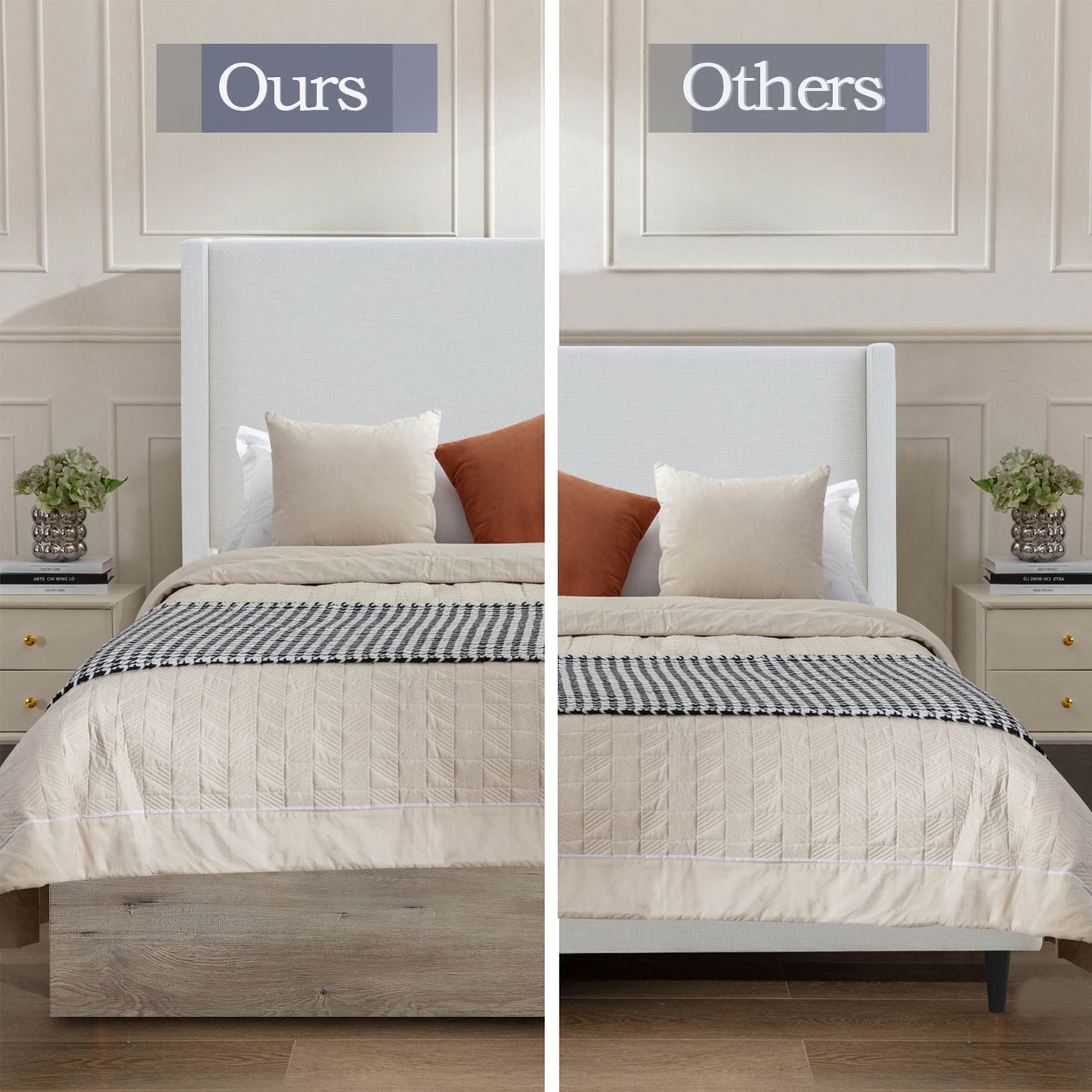 Shelton - Queen Upholstered Wingback Bed With 54" High Headboard - Ivory / Light Gray / Camel Oak