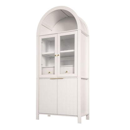 Fluted Tall Arched Pantry Cabinet With Adjustable Shelves, Glass Door & Hidden Drawer For Kitchen