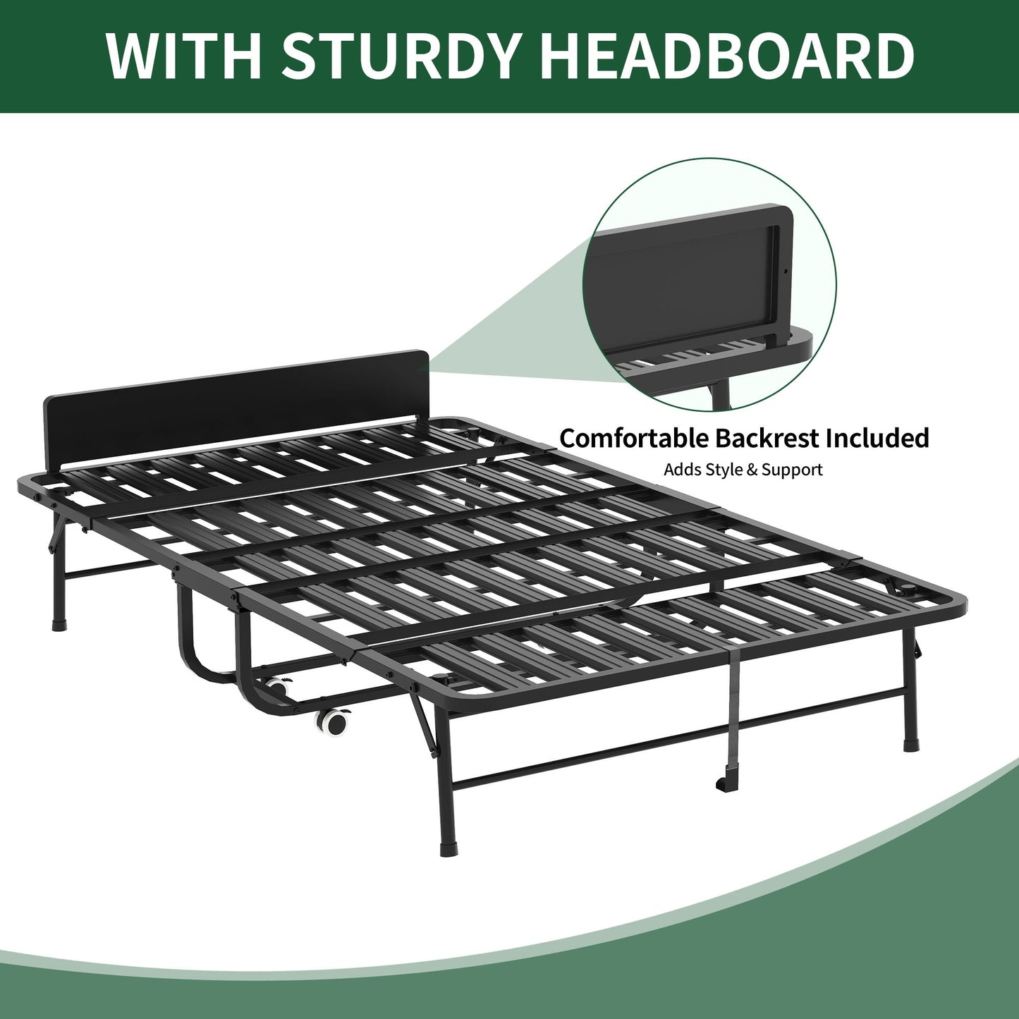 Twin Extra Long Folding Bed With Adjustable Headboard, Cot With Memory Foam Mattress - Black