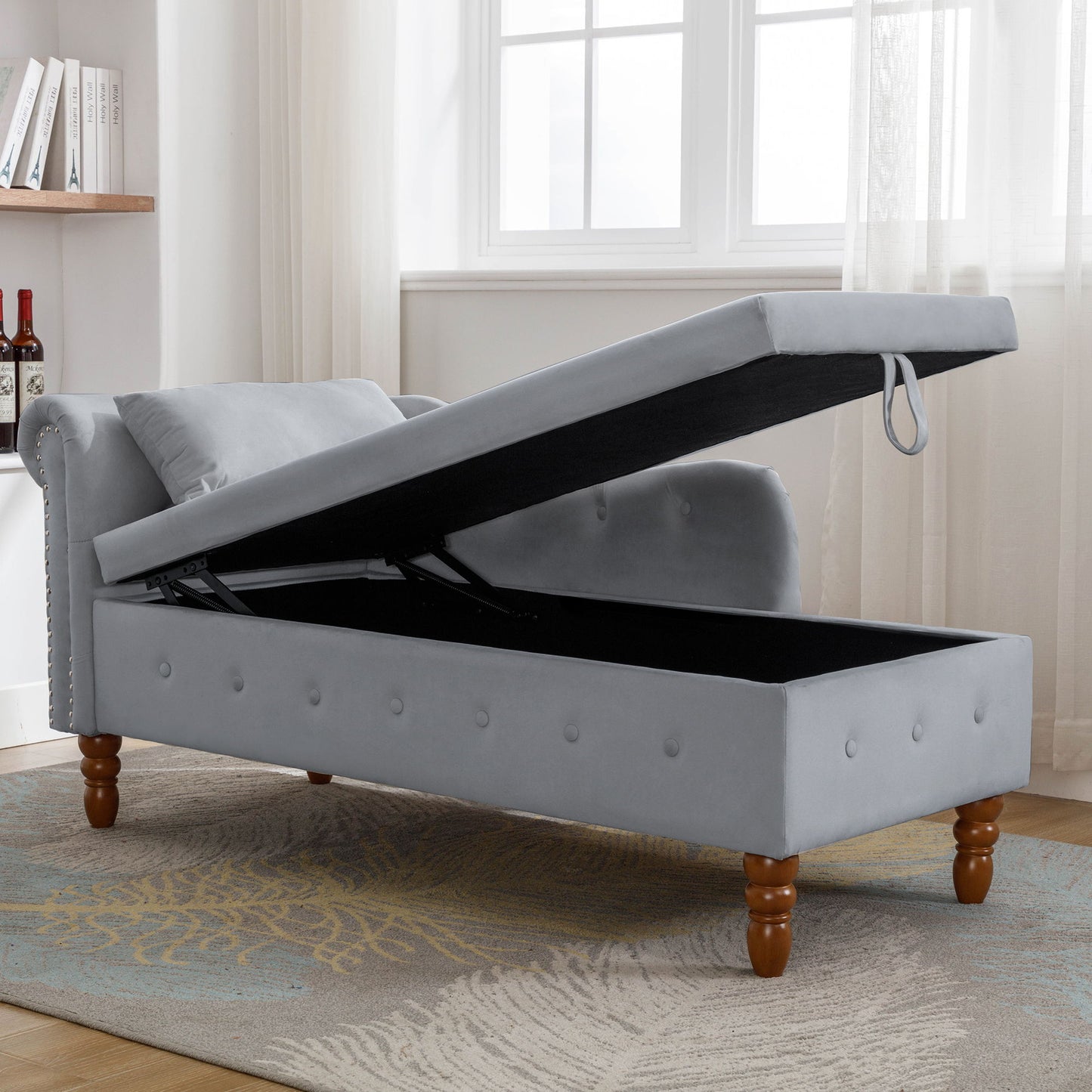 Chaise Lounge Indoor, Lounge Chair For Bedroom With Storage & Pillow, Modern Upholstered Rolled Arm Chase Lounge For Sleeping With Nailhead Trim For Living Room Bedroom Office