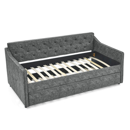 Twin Upholstered Daybed With Trundle, Waved Arms - Gray