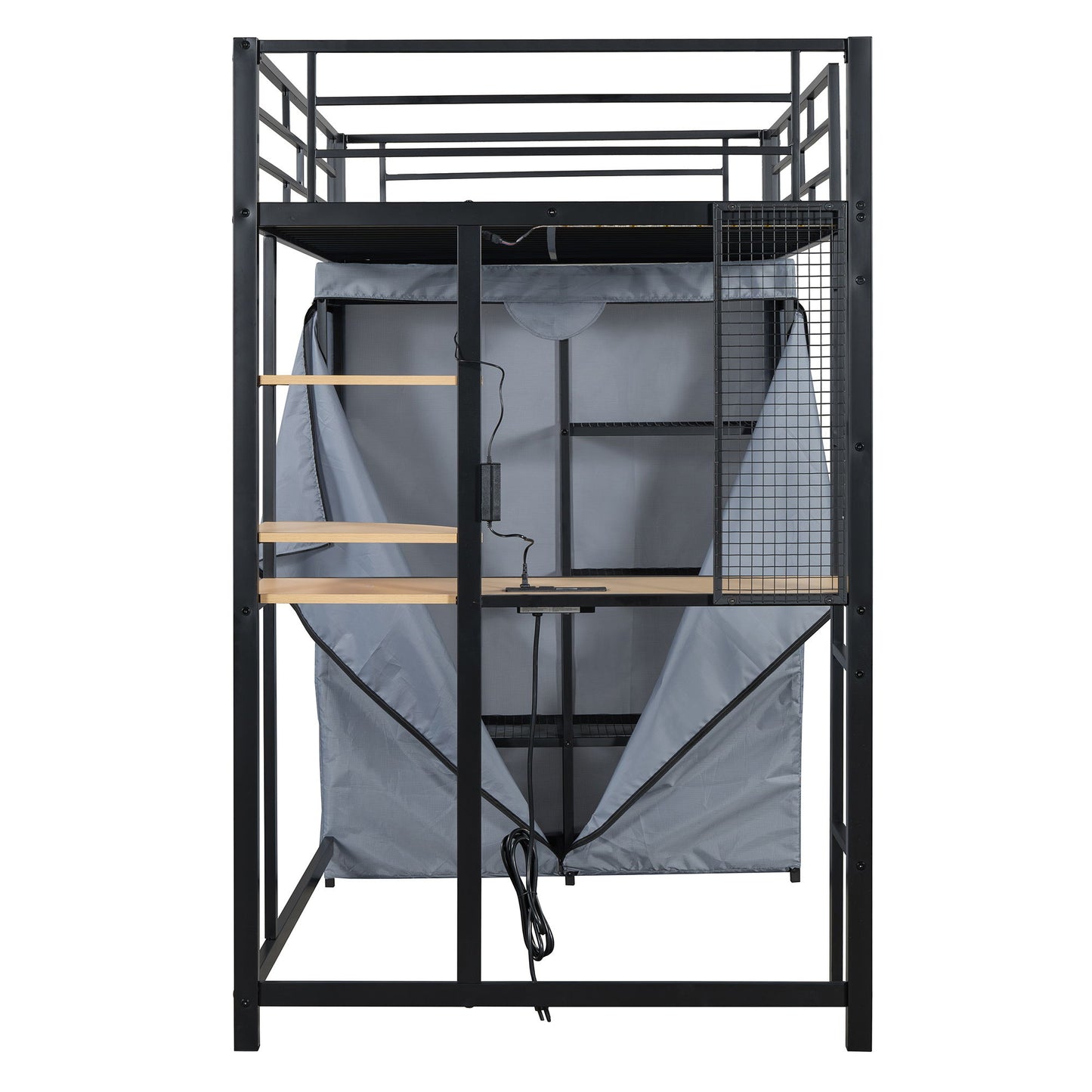 Loft Bed With Desk, Shelves, Power Outlet, LED Light And Wardrobe