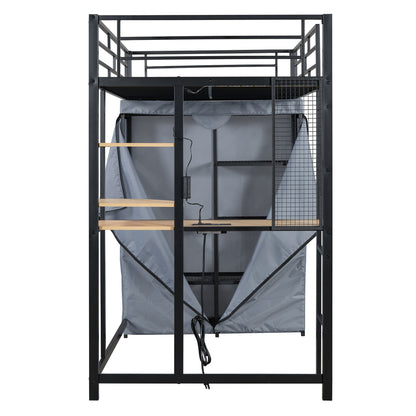Loft Bed With Desk, Shelves, Power Outlet, LED Light And Wardrobe