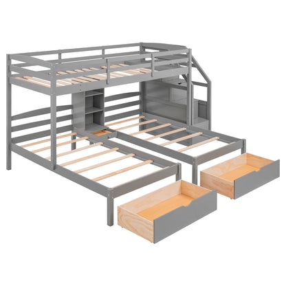 Twin Over Twin & Twin Bunk Bed With Drawers, Staircase Storage, Built In Shelves - Gray