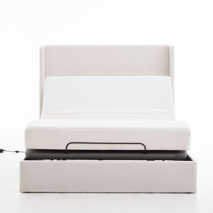 Caron - Queen Size Upholstered Wingback Bed With Adjustable Base Bundle Set - Ivory