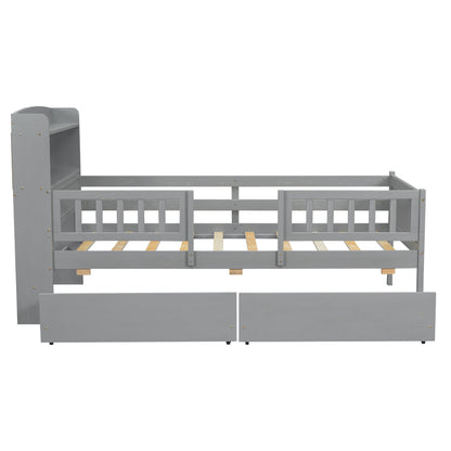 Platform Bed With LED Light, Multi Functional Headboard, Guardrail And 2 Drawers
