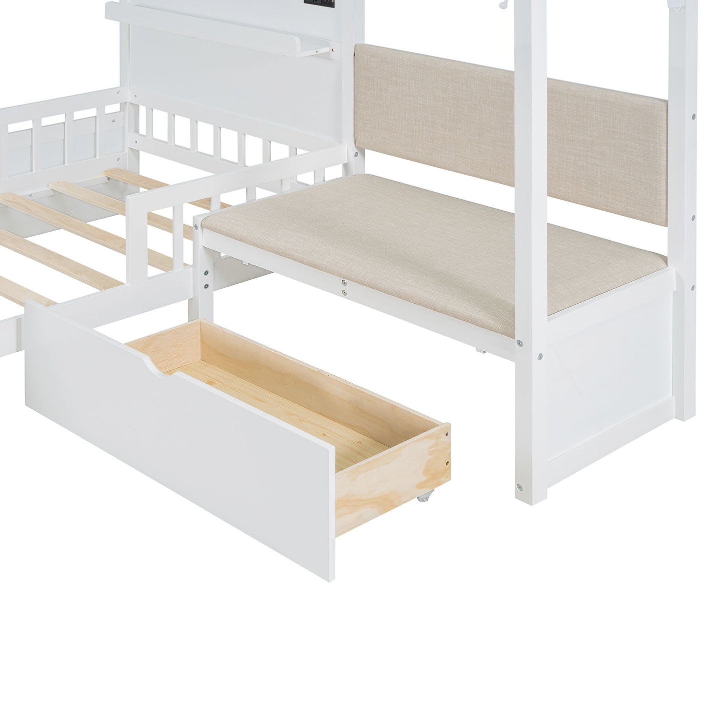 House Bed With Upholstered Sofa, Wireless Charging Station, Shelves And 2 Drawers