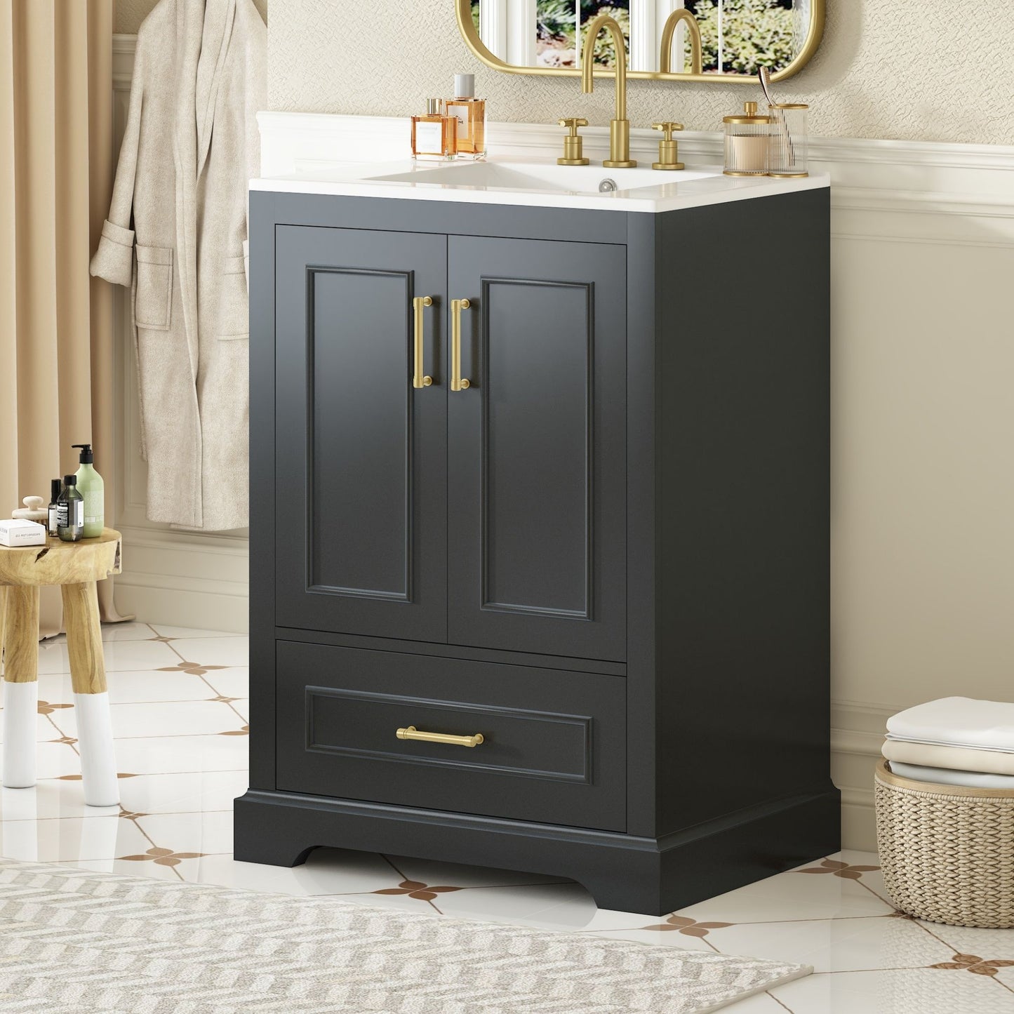 Bathroom Vanity With Sink, 1 Divided Drawer And 2 Soft Close Doors With Double Shelf