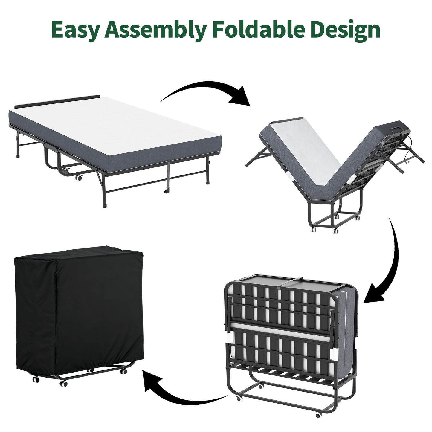 Twin Extra Long Folding Bed With Adjustable Headboard, Cot With Memory Foam Mattress - Black