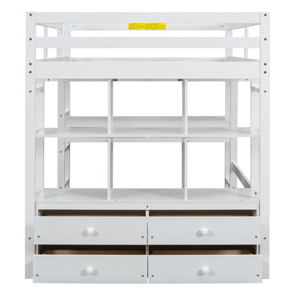 Full Size Loft Bed With Built In Desk, 2 Drawers, Storage Shelves - White